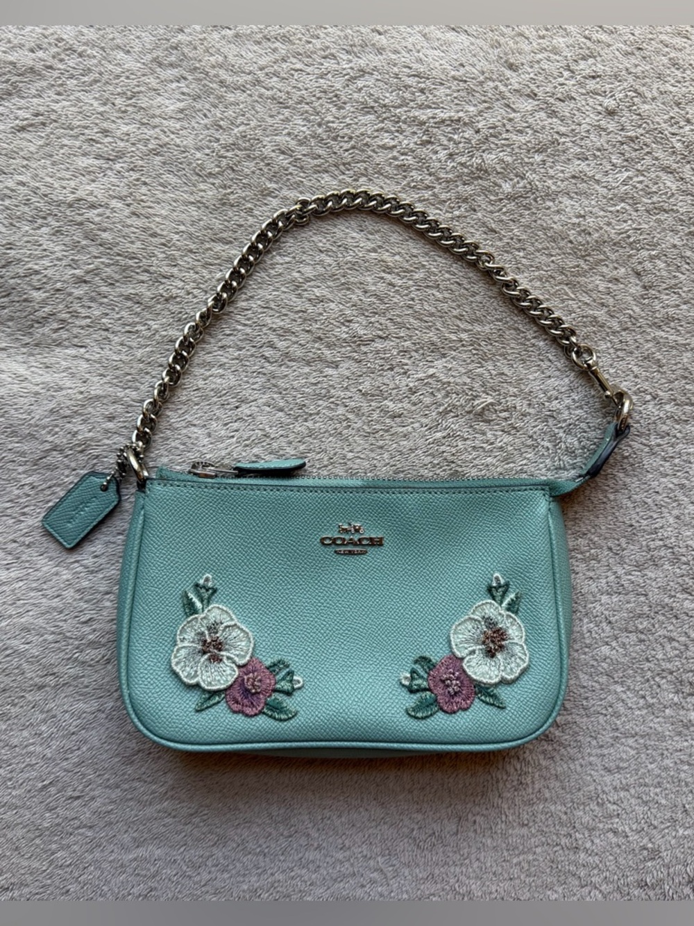 Coach Aqua Floral Applique Leather Shoulder Bag with Chain Strap